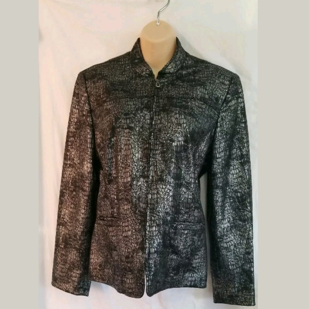 Womens Alfred Dunner Black Metallic Silver Snake Print Blazer Jacket Size 10